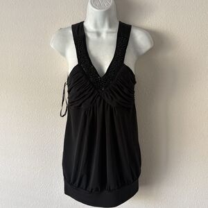 Y2k MyMichelle Babydoll Tunic Top Size M Black Beaded V-Neck Sleeveless Beaded